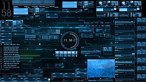 Futuristic Blue Holographic Dashboard Interface with Circuit Board and Data Analytics HD wallpaper