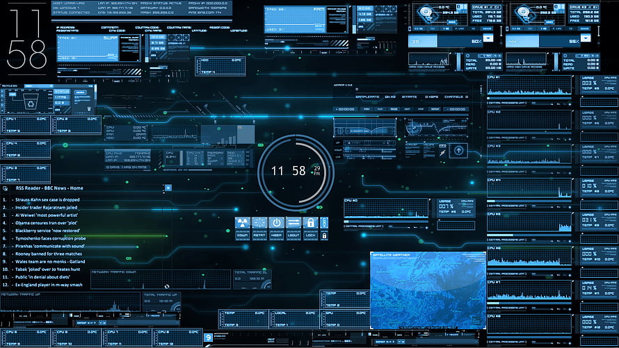 Futuristic Blue Holographic Dashboard Interface with Circuit Board and Data Analytics HD wallpaper