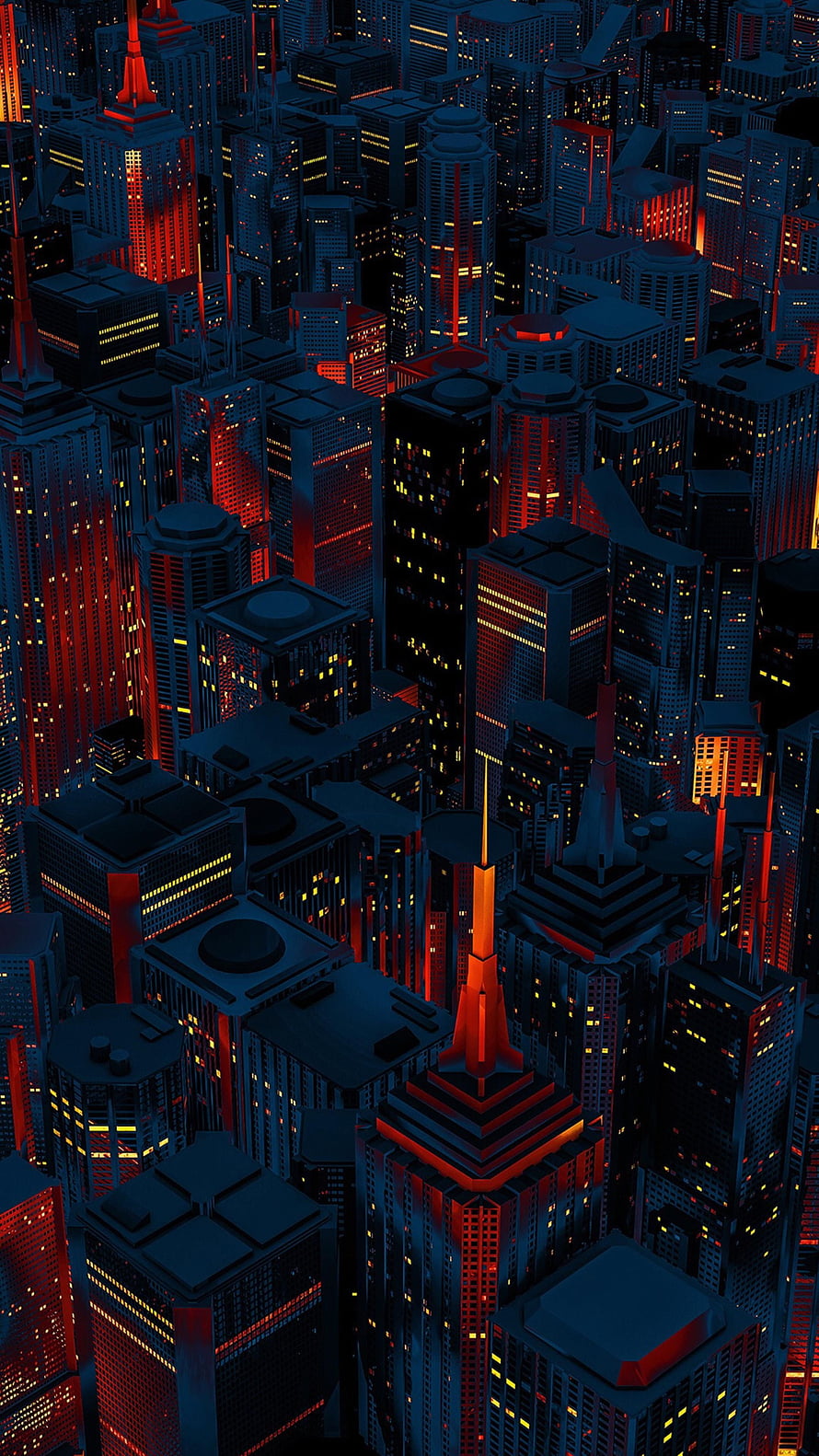 Aerial View of a Dense Cyberpunk Cityscape at Night with Red and Blue Neon Lights HD phone wallpaper
