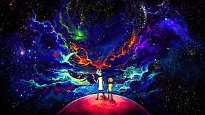 Rick and Morty Standing on a Planet Gazing at a Vibrant Cosmic Nebula HD wallpaper