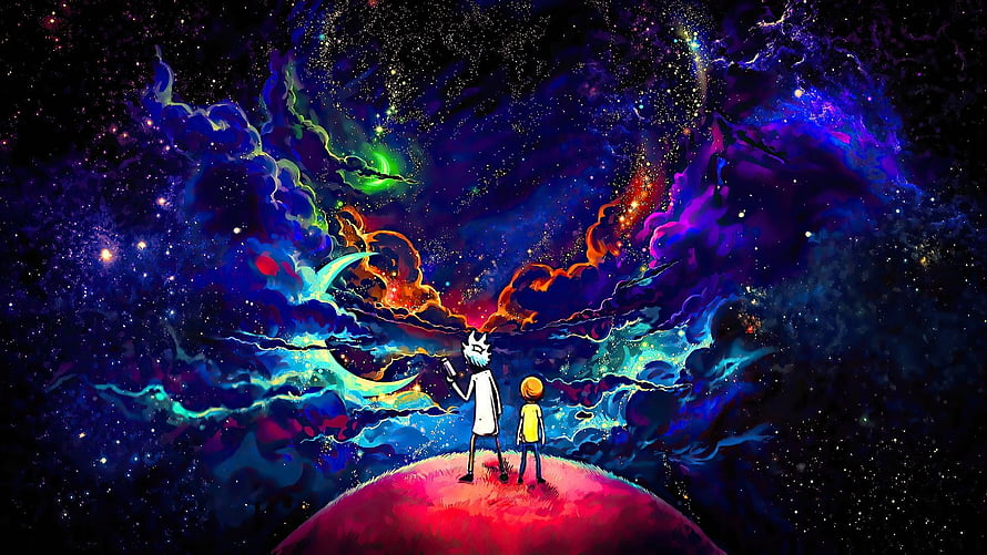 Rick and Morty Standing on a Planet Gazing at a Vibrant Cosmic Nebula HD wallpaper