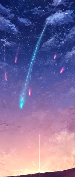 Anime Style Meteor Shower Over Sunset Horizon With Glowing Streaks HD phone wallpaper