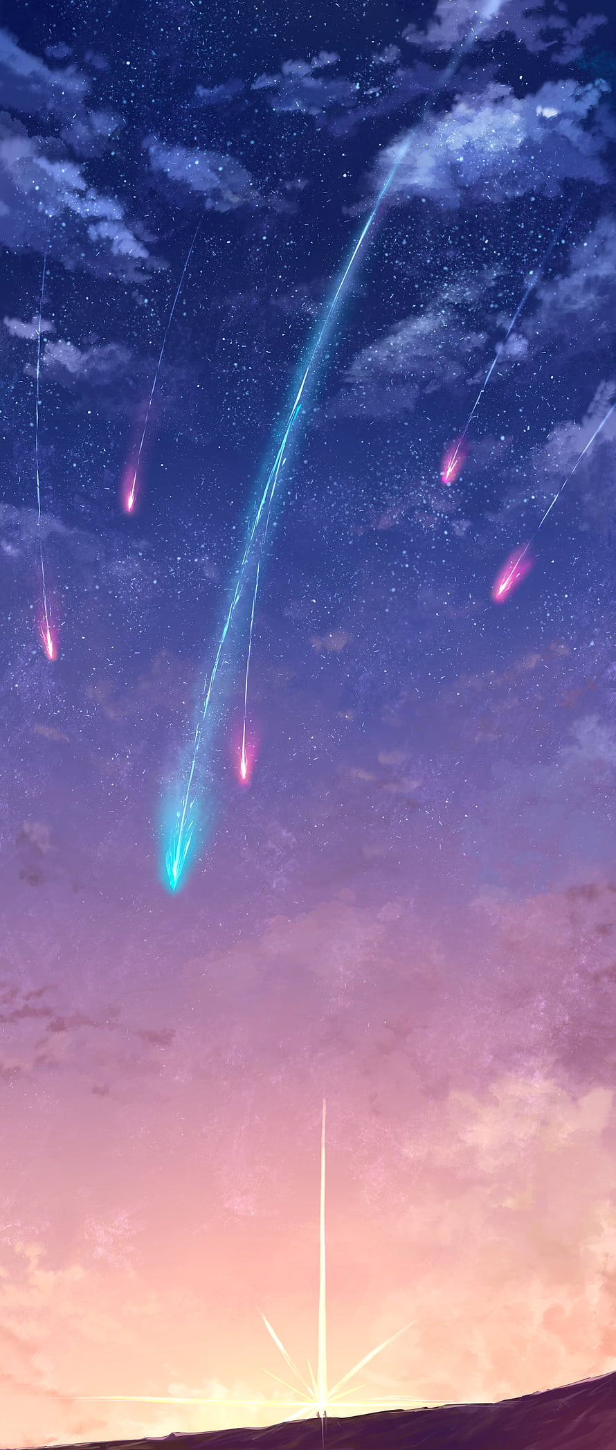 Anime Style Meteor Shower Over Sunset Horizon With Glowing Streaks HD phone wallpaper