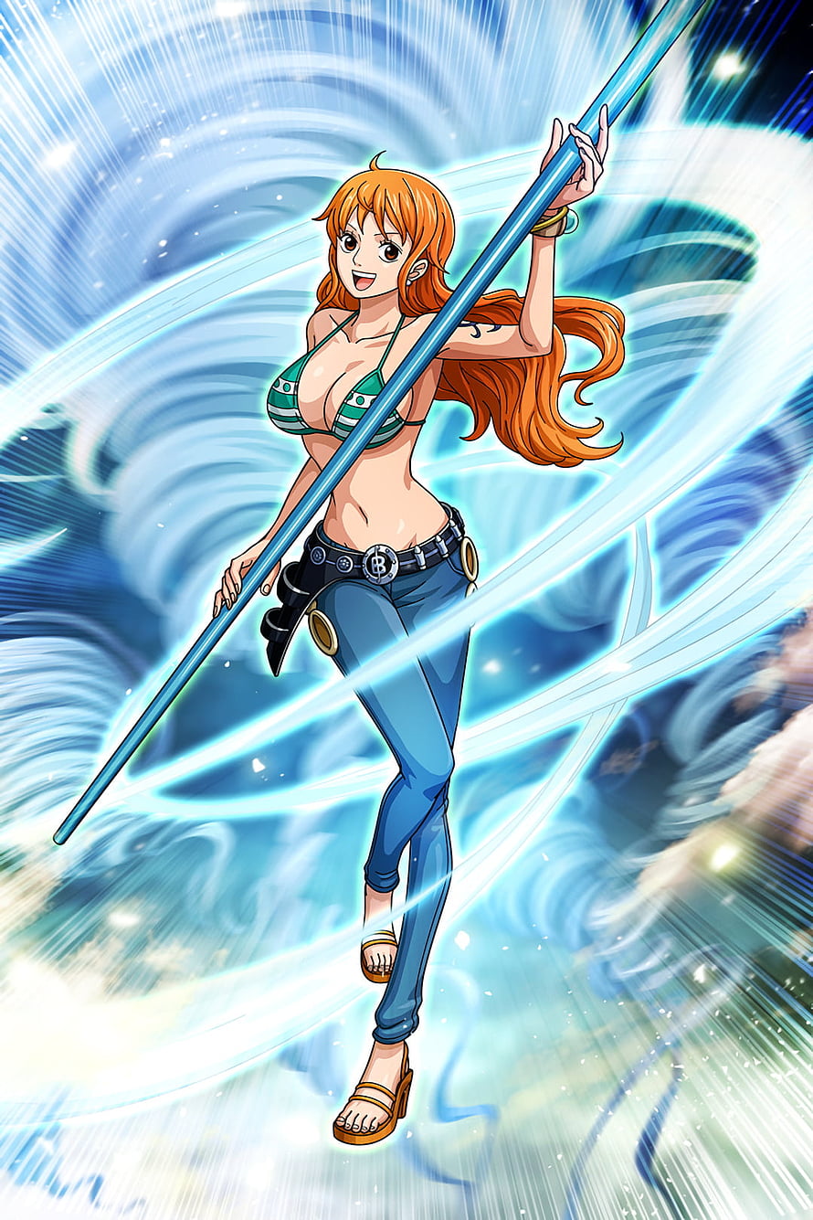 Nami from One Piece wielding a glowing staff in a dynamic anime action pose HD phone wallpaper