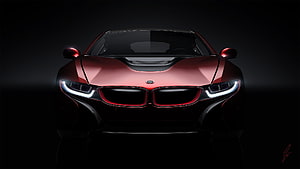 BMW i8 Concept Car Front View in Matte Red Against Dark Background HD wallpaper