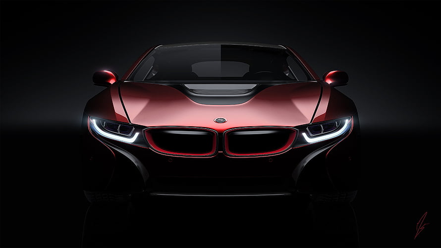 BMW i8 Concept Car Front View in Matte Red Against Dark Background HD wallpaper