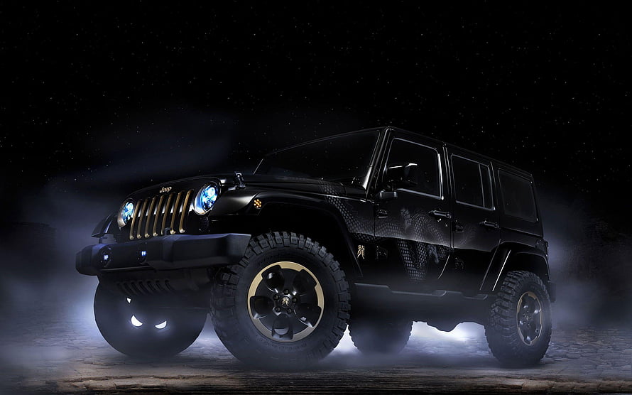 Black Jeep Wrangler with Gold Dragon Decal and Custom Wheels HD wallpaper