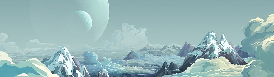 Fantasy Landscape With Snowy Mountains And Giant Planets In The Sky HD wallpaper