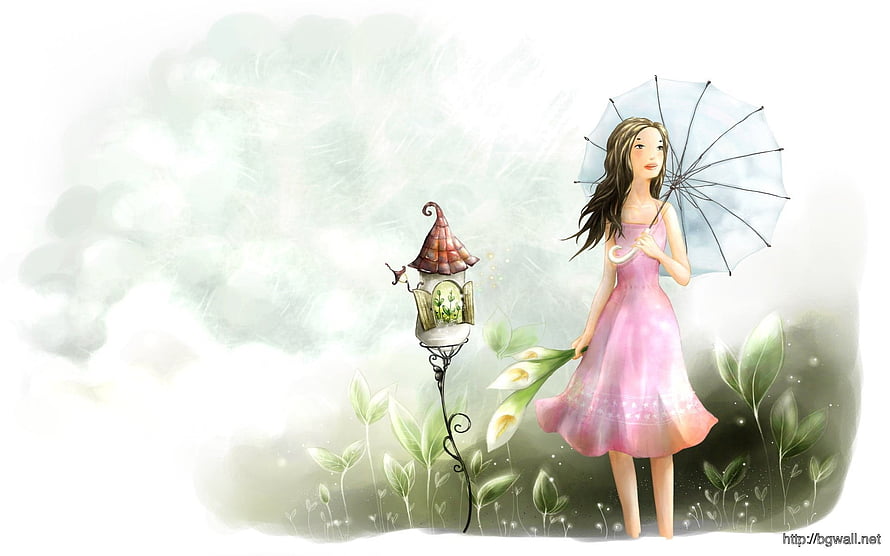 Whimsical Girl with Umbrella and Flowers in a Dreamy Garden HD wallpaper
