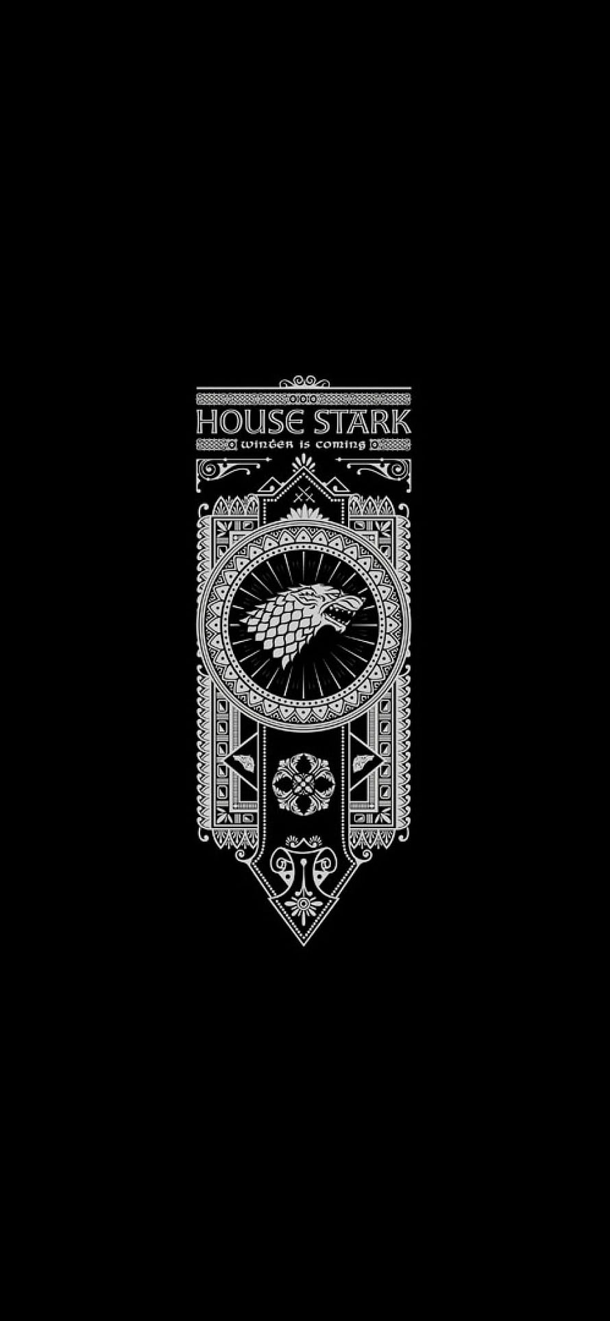 House Stark Direwolf Sigil Ornate Emblem with Winter Is Coming Motto on Black Background HD phone wallpaper