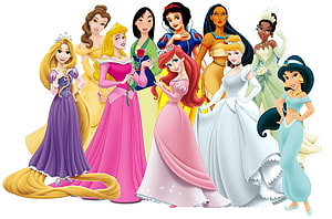 Disney Princesses Group Illustration Featuring Rapunzel, Belle, Aurora, Mulan, Snow White, Pocahontas, Cinderella, Tiana, and Jasmine HD wallpaper