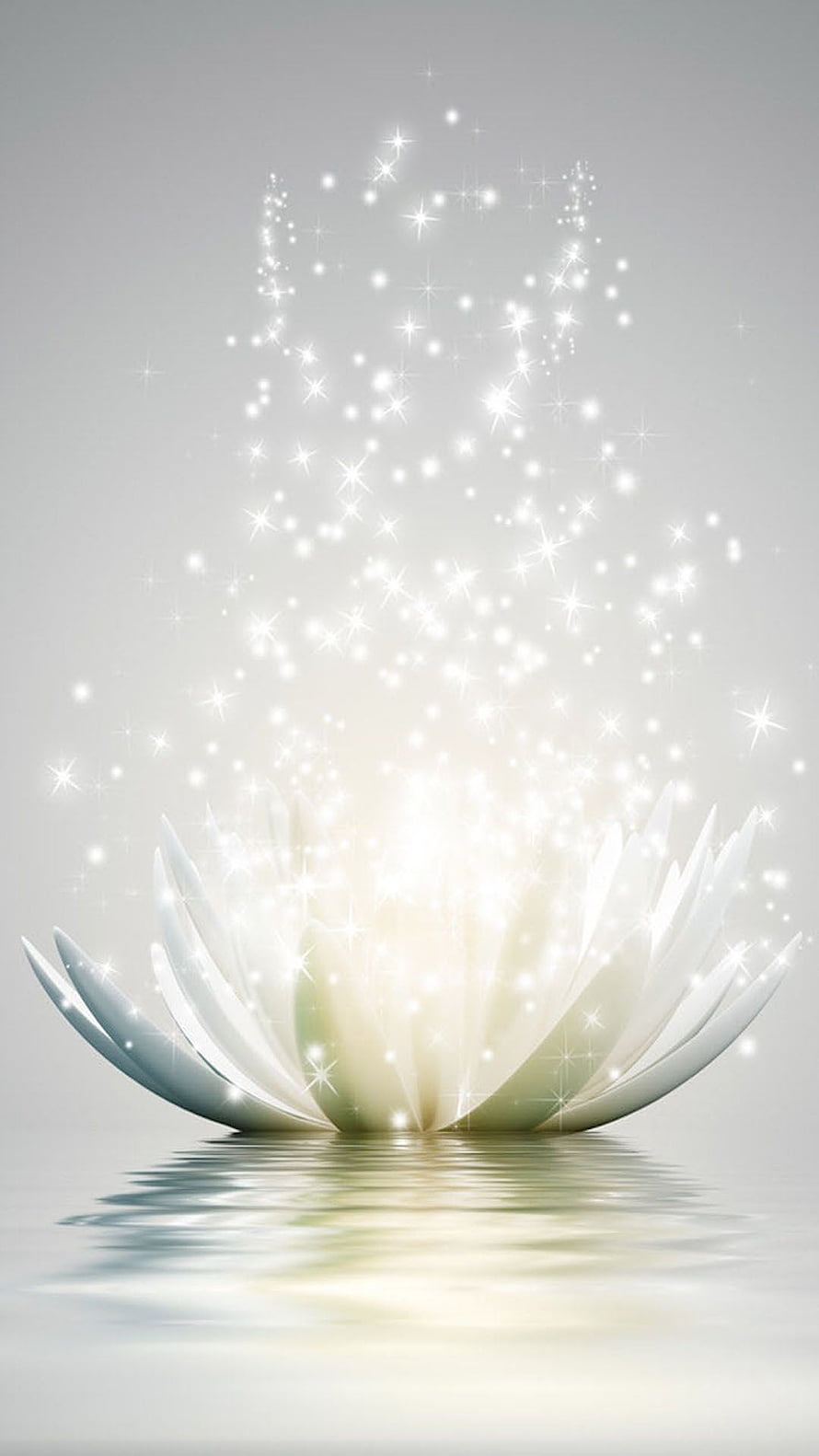 Ethereal White Lotus Flower with Sparkling Light Particles on Calm Water Surface HD phone wallpaper
