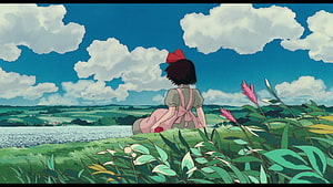 Kiki's Delivery Service: Girl with Red Bow Sitting on Grassy Hill Overlooking Lake and Rolling Countryside HD wallpaper
