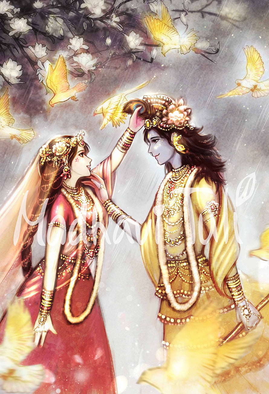 Radha Krishna in ornate traditional attire with golden doves and white blossoms HD phone wallpaper