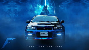 Nissan Skyline GT-R R34 Godzilla Edition with Monster Silhouette in Blue Fog HD wallpaper