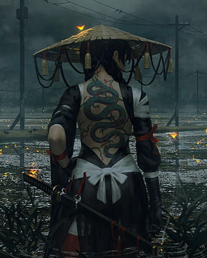 Anime Samurai Girl With Snake Tattoo Standing In Rainy Field With Katana HD phone wallpaper
