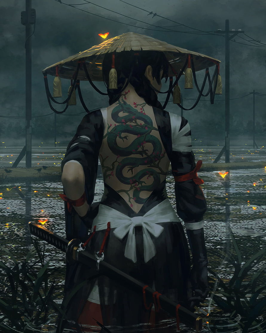 Anime Samurai Girl With Snake Tattoo Standing In Rainy Field With Katana HD phone wallpaper