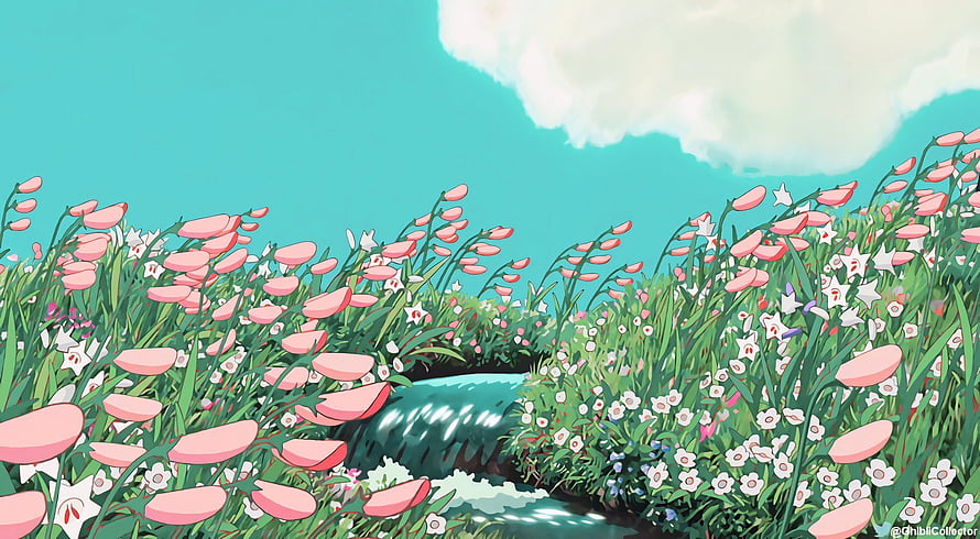 Studio Ghibli Style Flower Field With Stream And Clouds HD wallpaper