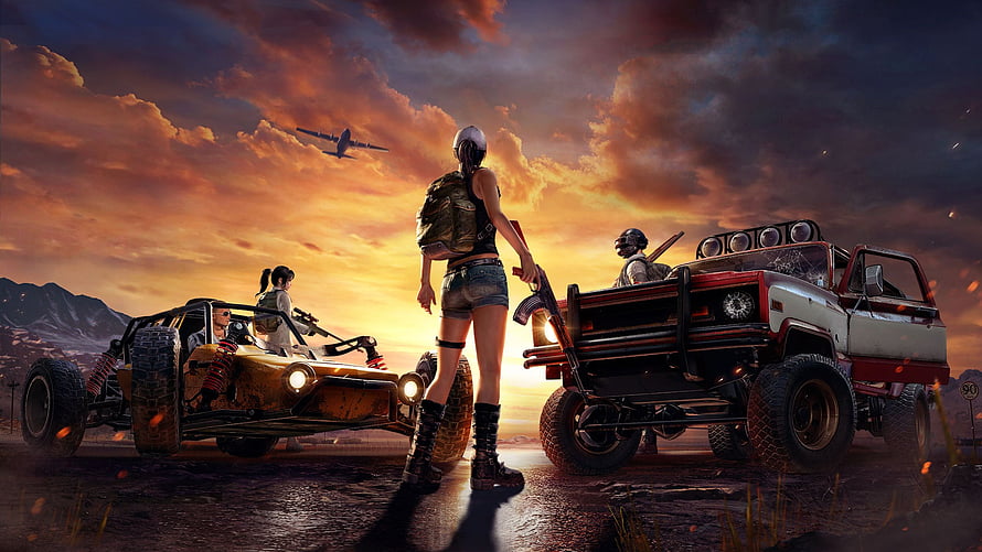 PUBG Mobile desert sunset wallpaper featuring characters with off-road vehicles and a cargo plane in the sky HD wallpaper