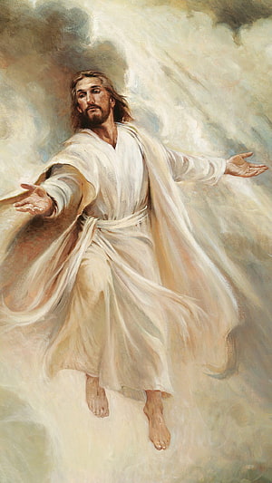 Jesus Christ in White Robes with Open Arms Amidst Clouds HD phone wallpaper