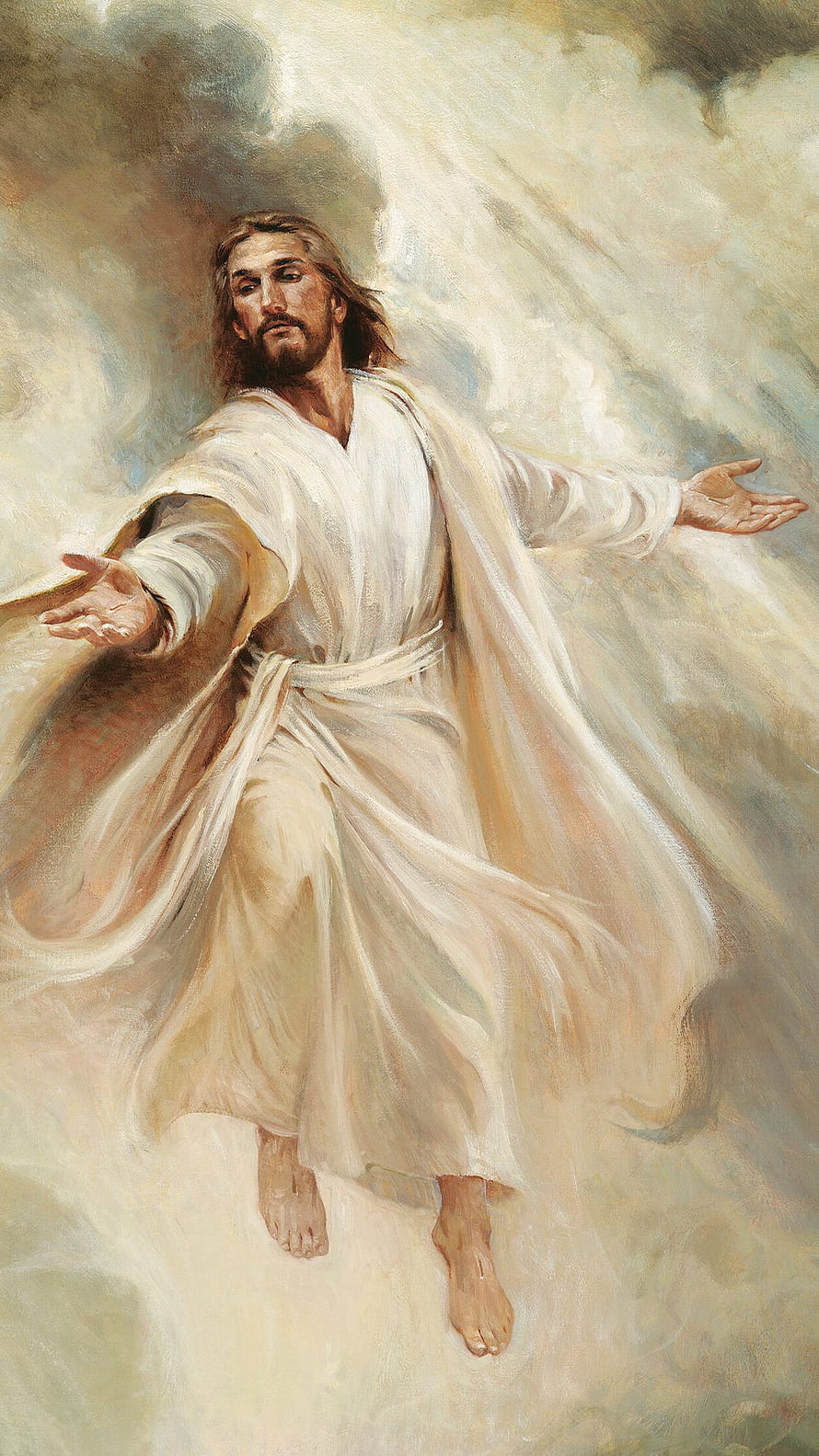 Jesus Christ in White Robes with Open Arms Amidst Clouds HD phone wallpaper