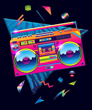 Vibrant 80s Retro Boombox Illustration with Neon Geometric Shapes and Synthwave Aesthetic HD phone wallpaper