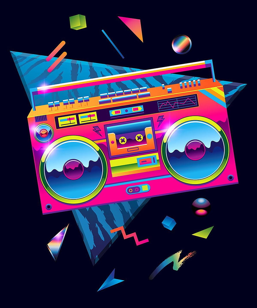 Vibrant 80s Retro Boombox Illustration with Neon Geometric Shapes and Synthwave Aesthetic HD phone wallpaper