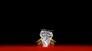 Polyphia Dual White Tiger Artwork with Golden Wings and Red Glowing Eyes on Black Background HD wallpaper