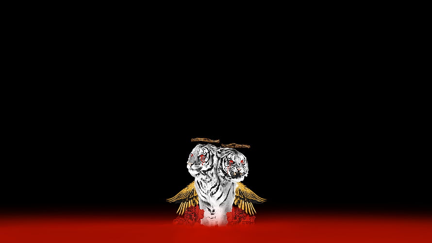 Polyphia Dual White Tiger Artwork with Golden Wings and Red Glowing Eyes on Black Background HD wallpaper
