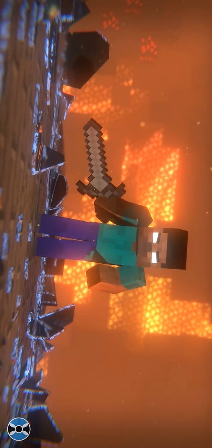 Minecraft Steve holding a diamond sword in a fiery nether landscape HD phone wallpaper