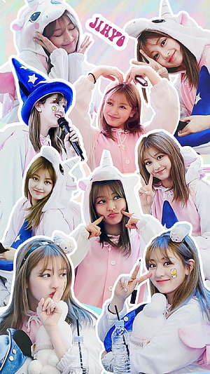Jihyo from TWICE in pastel unicorn hoodies and a blue witch hat, playful fan-event collage HD phone wallpaper