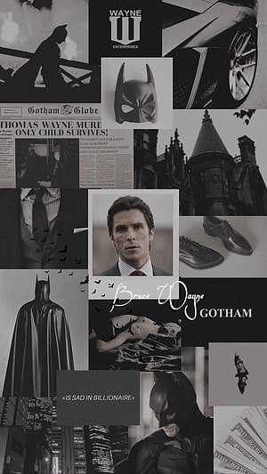 Bruce Wayne Gotham City Batman Character Aesthetic Collage Wallpaper, Bruce Wayne, aesthetic, Christian bale, Batman, dark knight, rich, qoutes HD phone wallpaper