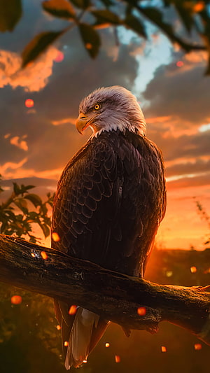 Majestic Bald Eagle Perched on Branch Against Dramatic Sunset Sky HD phone wallpaper