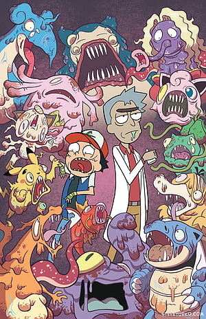 Rick and Morty characters surrounded by grotesque mutated Pokemon monsters in a chaotic horror illustration HD phone wallpaper
