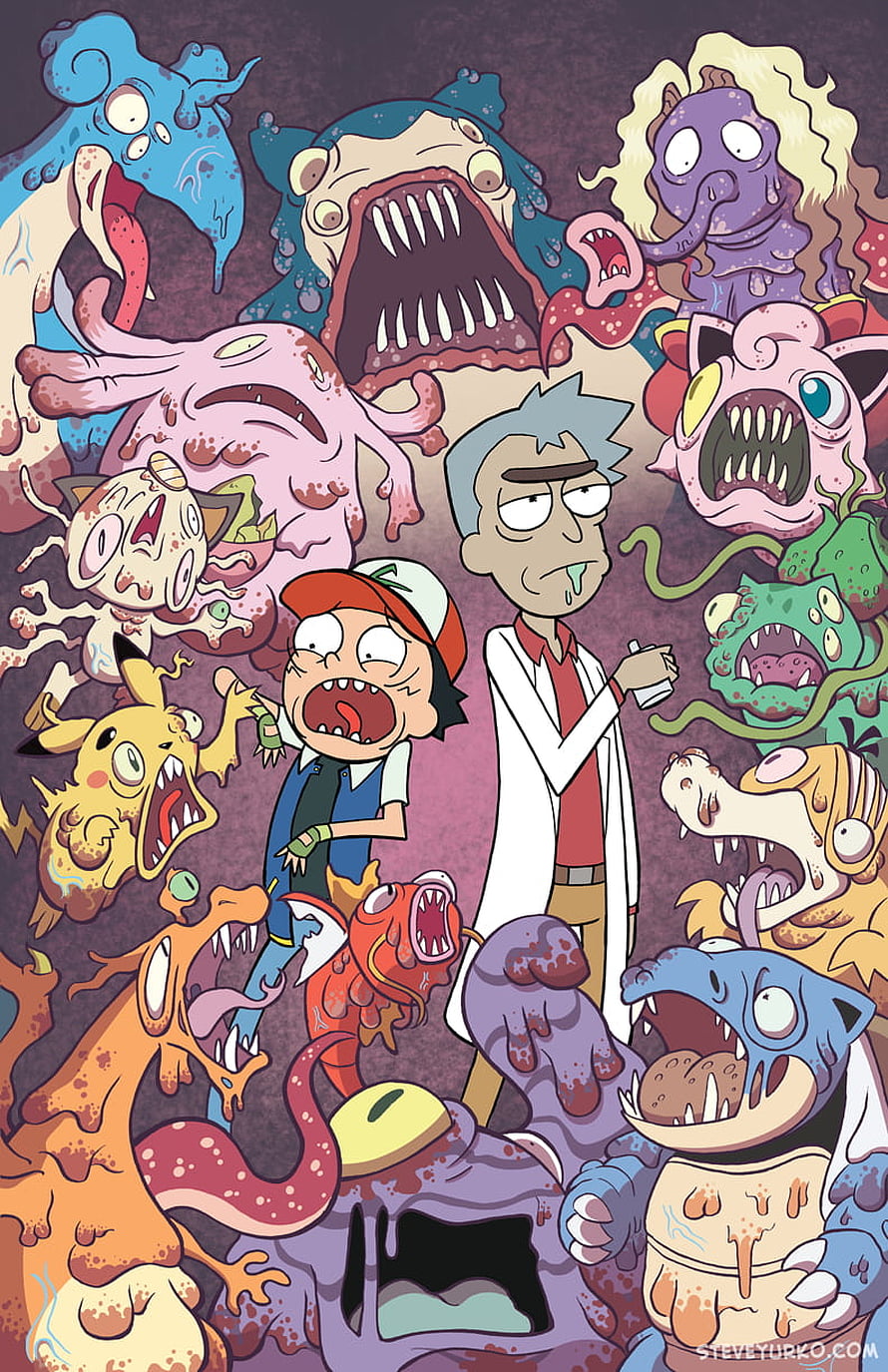 Rick and Morty characters surrounded by grotesque mutated Pokemon monsters in a chaotic horror illustration HD phone wallpaper