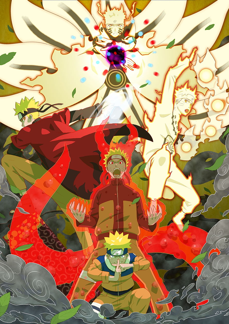 Uzumaki Naruto Sage Mode and Kyuubi Chakra Transformation Anime Illustration HD phone wallpaper