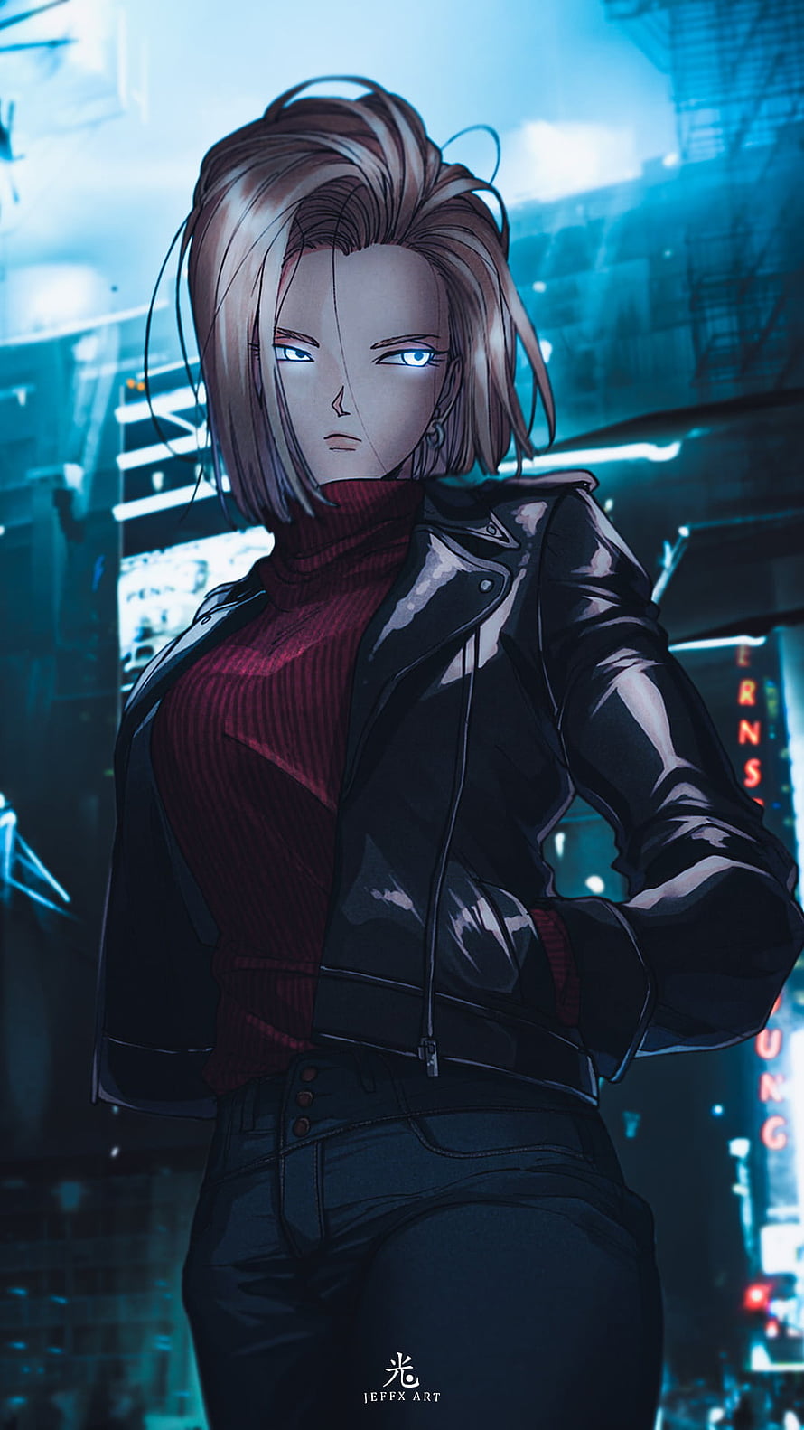 Android 18 in Cyberpunk Cityscape with Glowing Eyes and Leather Jacket HD phone wallpaper