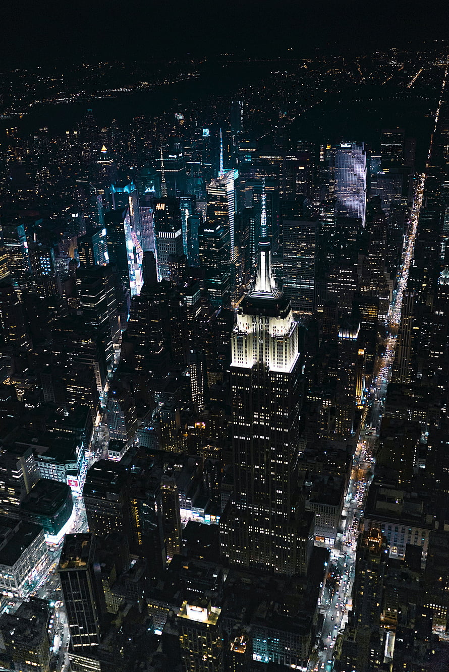 Aerial Night View of New York City Skyline Featuring the Empire State Building HD phone wallpaper