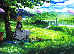 Violet Evergarden Sitting Under a Tree in a Lush Green Meadow with a Distant Bridge and Mountains HD wallpaper