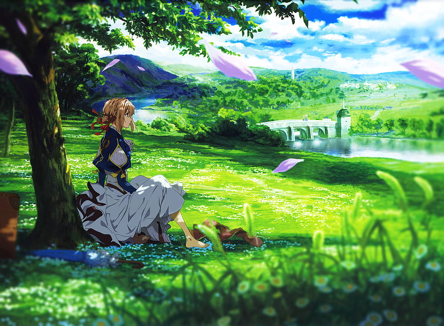 Violet Evergarden Sitting Under a Tree in a Lush Green Meadow with a Distant Bridge and Mountains HD wallpaper