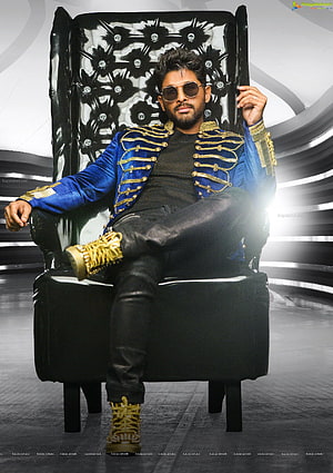 Allu Arjun in Blue Velvet Jacket and Gold Boots Sitting on Black Throne HD phone wallpaper