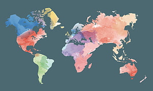 Watercolor World Map with Soft Pastel Continents on Muted Slate Background HD wallpaper
