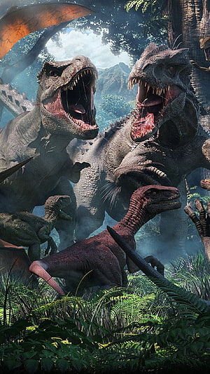 Indominus Rex and Spinosaurus Confrontation in Jurassic World Jungle HD phone wallpaper