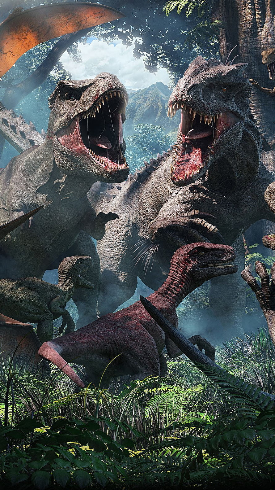 Indominus Rex and Spinosaurus Confrontation in Jurassic World Jungle HD phone wallpaper