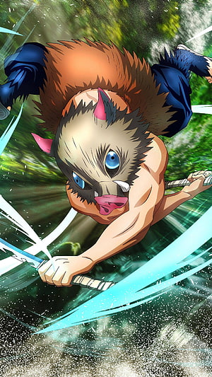 Inosuke Hashibira from Demon Slayer wielding dual swords in a dynamic forest battle scene HD phone wallpaper