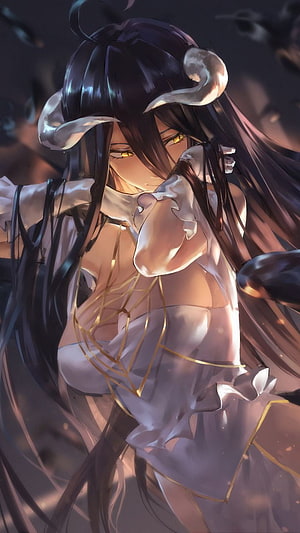 Albedo from Overlord in White Dress with Golden Eyes and Horns HD phone wallpaper
