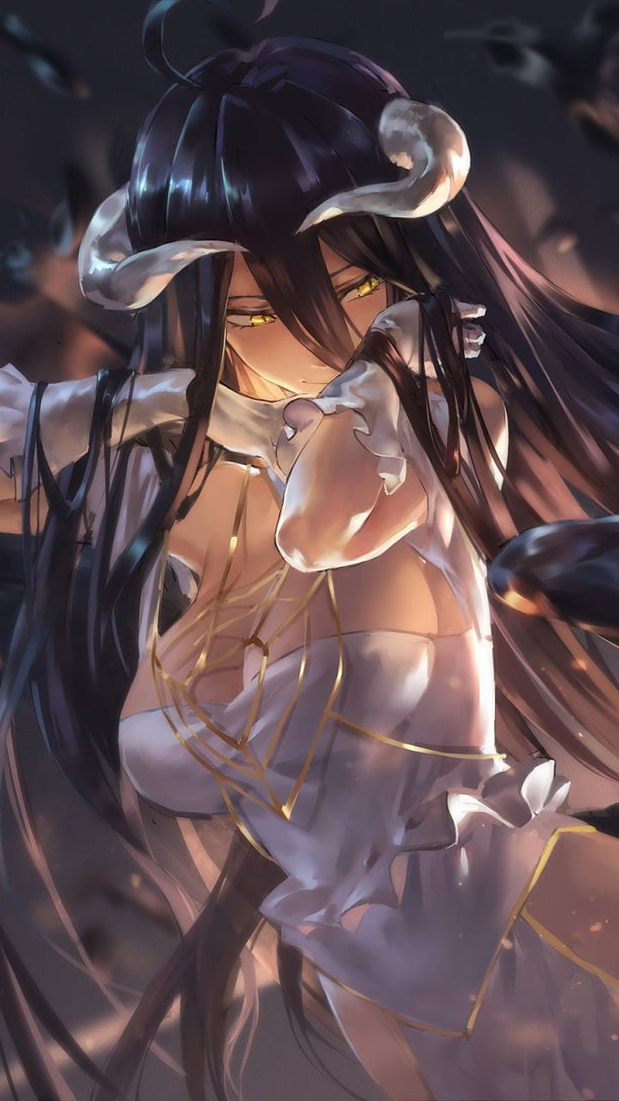 Albedo from Overlord in White Dress with Golden Eyes and Horns HD phone wallpaper