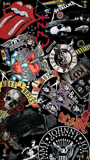 Classic Rock Band Logo Collage Wallpaper Featuring Guns N Roses, AC DC, Metallica, and The Rolling Stones HD phone wallpaper