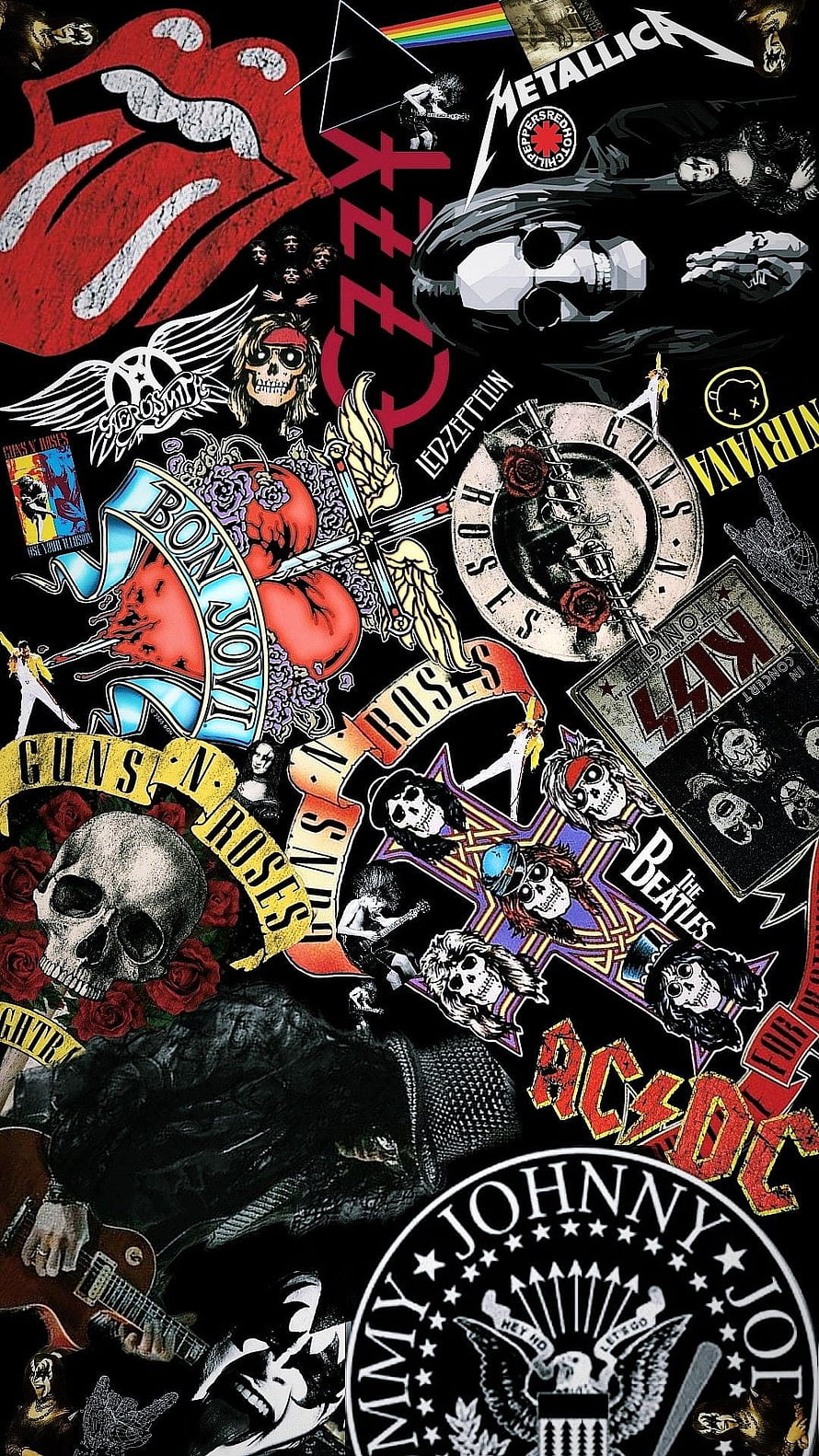 Classic Rock Band Logo Collage Wallpaper Featuring Guns N Roses, AC DC, Metallica, and The Rolling Stones HD phone wallpaper