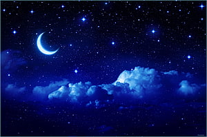 Crescent Moon and Starry Night Sky with Glowing Clouds HD wallpaper